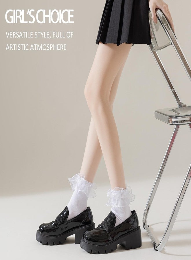AMHRLINGTO Lace Ruffle Frilly Ankle Socks for Women - Cotton Socks Stylish Cute Lace Socks (Cotton, White-3 Pairs) - Image 2